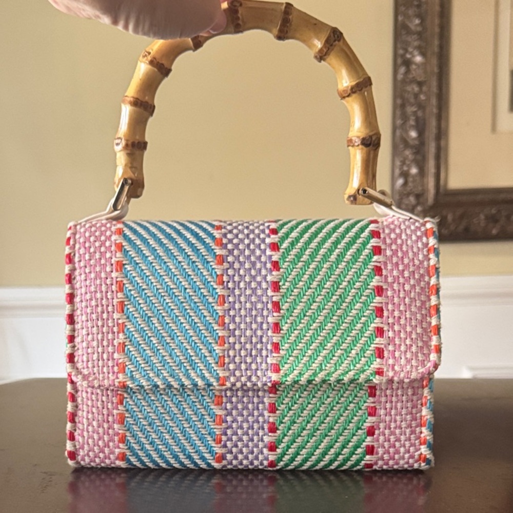 Woven Multicolor Bamboo-Handle Women’s Shoulder Bag